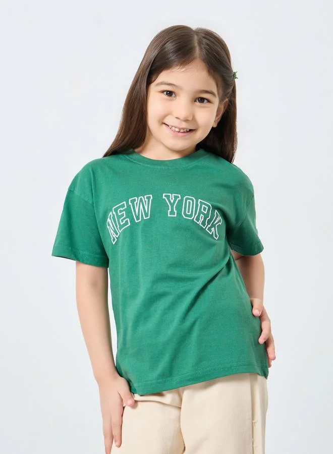 Styli Girls Green New York Graphic Oversized T-Shirt